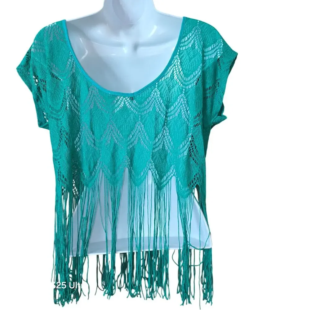 Love Squared green, cropped fringed bathing suit cover up top sz XS Sm‎